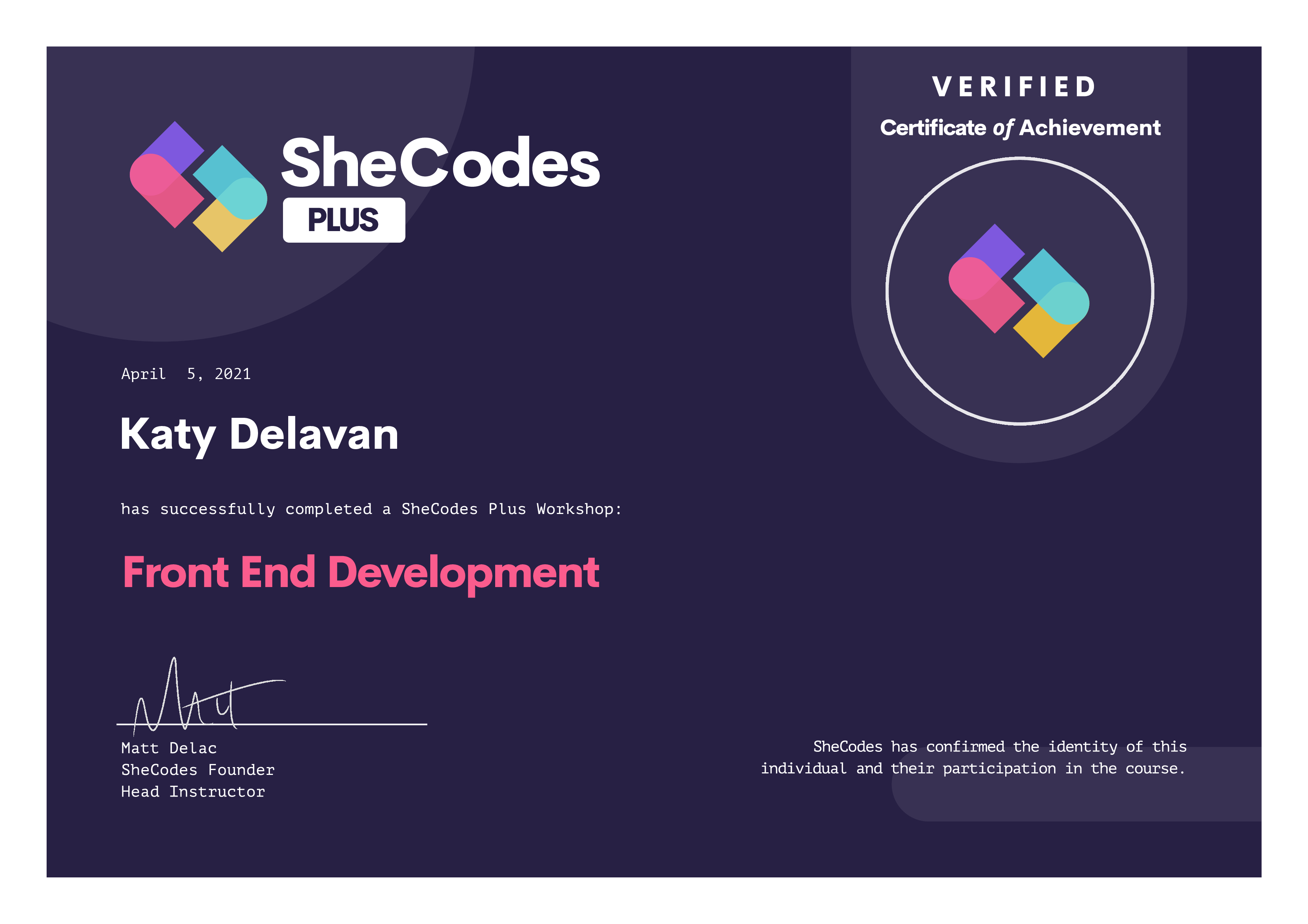 SheCodes Plus certificate